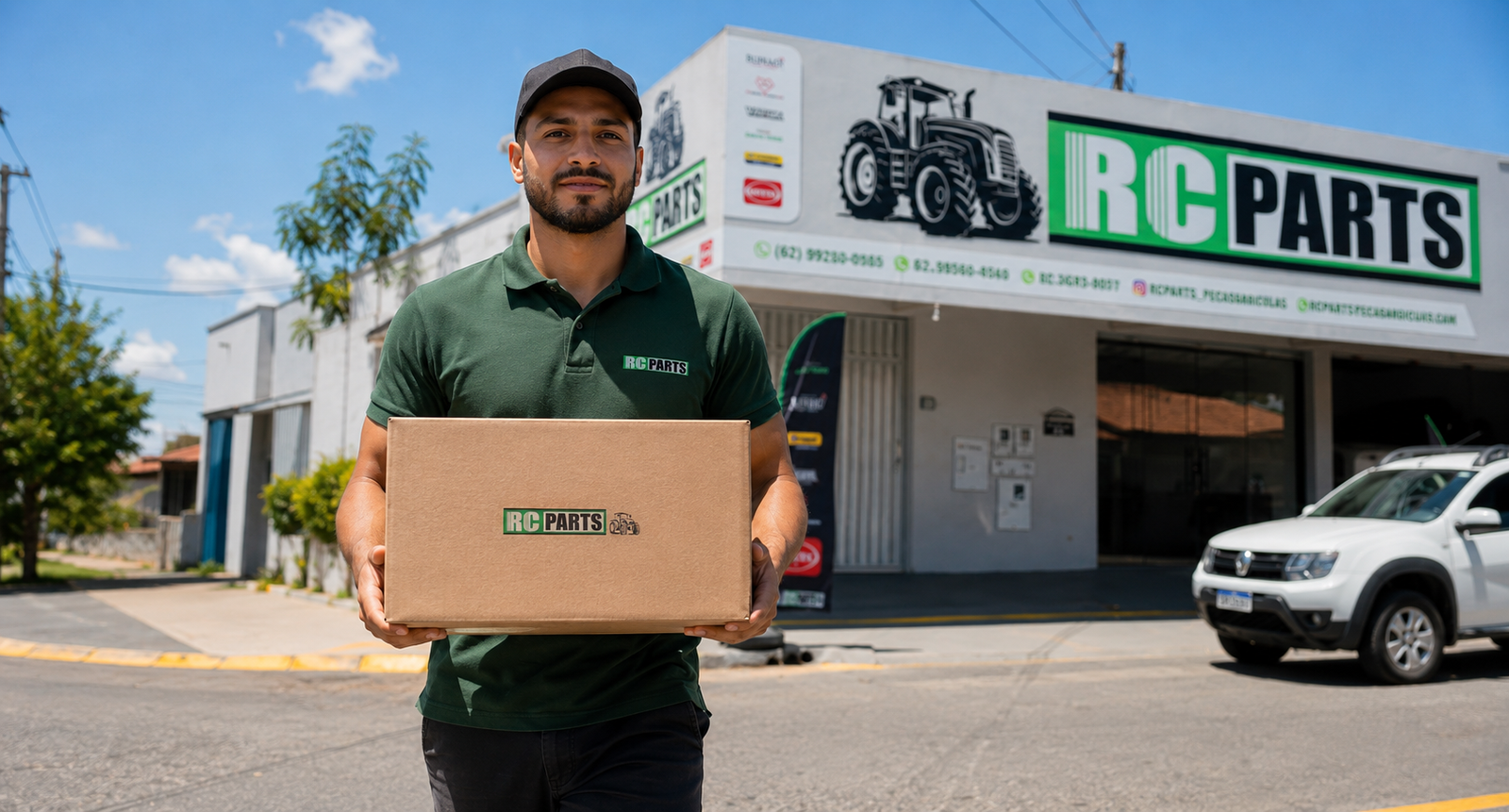 Entregador da RC Parts com caixa da marca pronta para envio